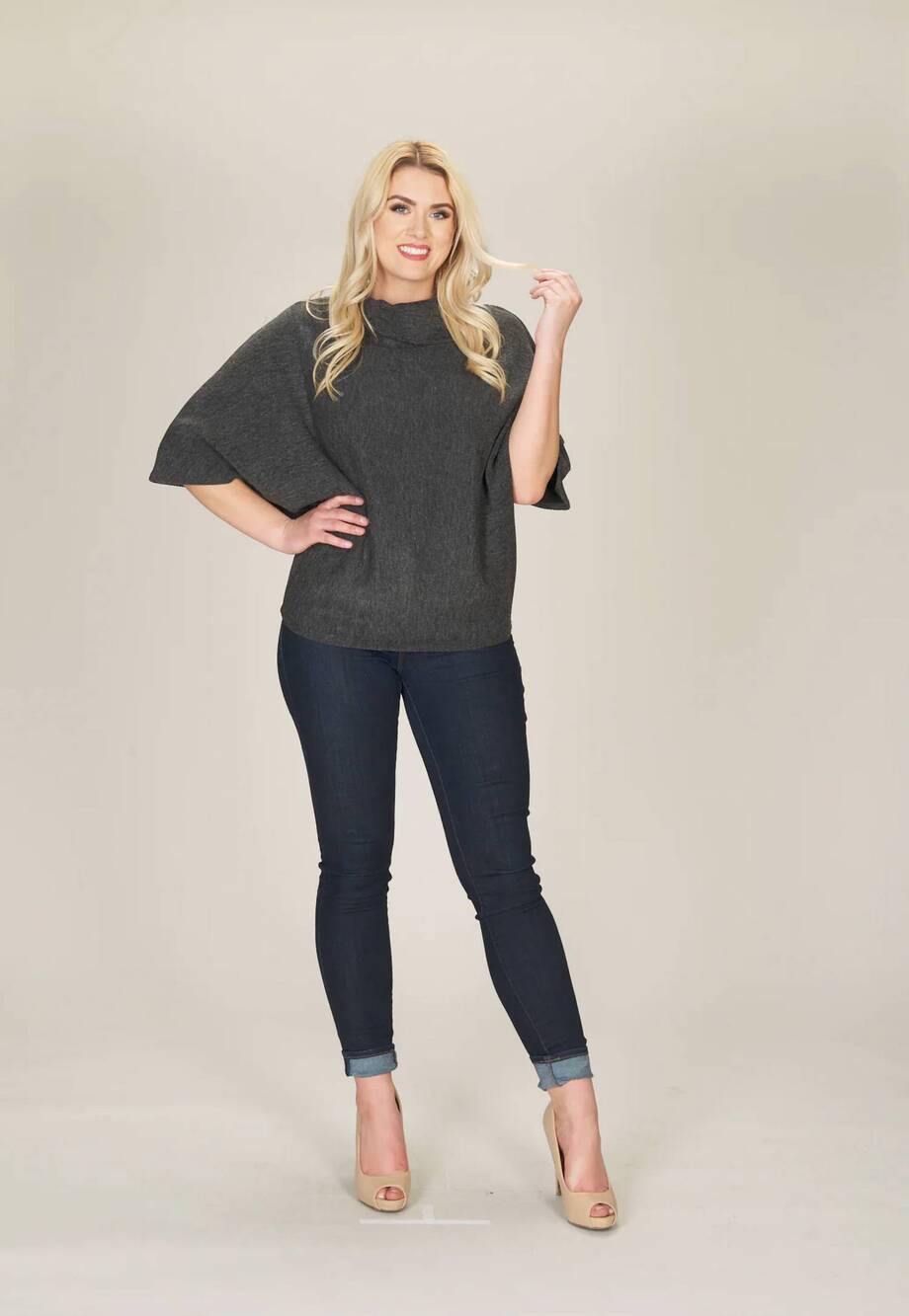 NEW PAPILLON drape neck poncho sweater in charcoal
